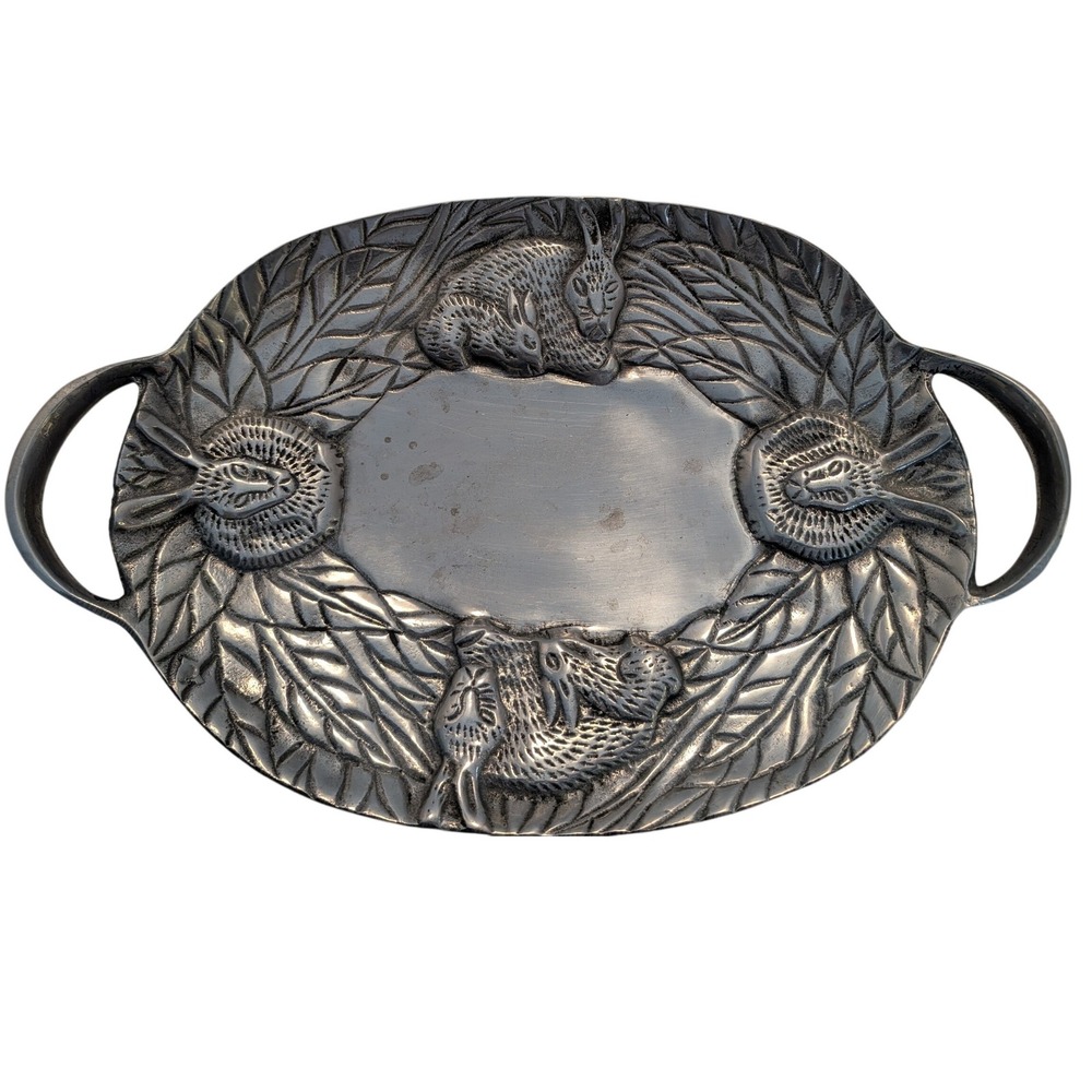 Vtg Pewter Rabbit Serving Tray Silver Tone Bunny Hare Leaf Embossed Large Easter